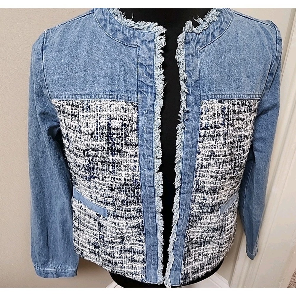 Arianna by‎ Howard's Blue Denim Tweed Mixed Media Frayed Jacket Womens Size S/M